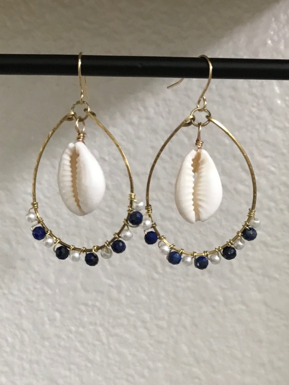 Handmade Seashell Hoop Earrings With Lapis Lazuli